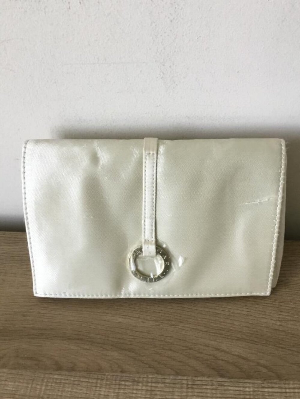 Bvlgari Cosmetic Bag Clutch w/Mirror Satin Cream Pouch Branded Metal Ring NWOT
